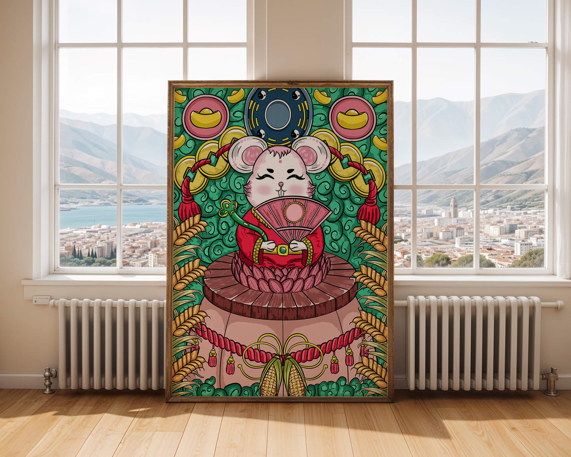 Encantador ratón decorativo con elementos asiáticos y monedas sobre un fondo vibrante.