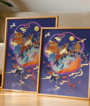 Escena nocturna oriental romántica con pareja y pagodas bajo la luz de la luna