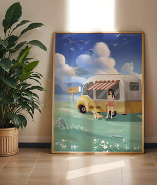 Girl with dog by camper van in serene nature setting
