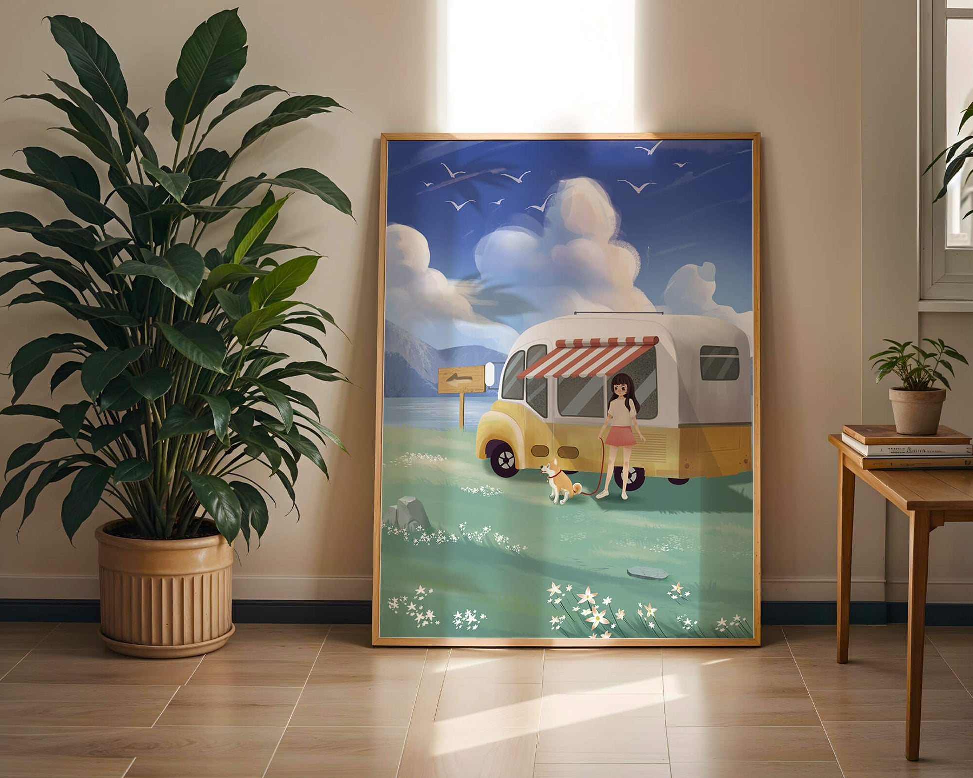 Girl with dog by camper van in serene nature setting