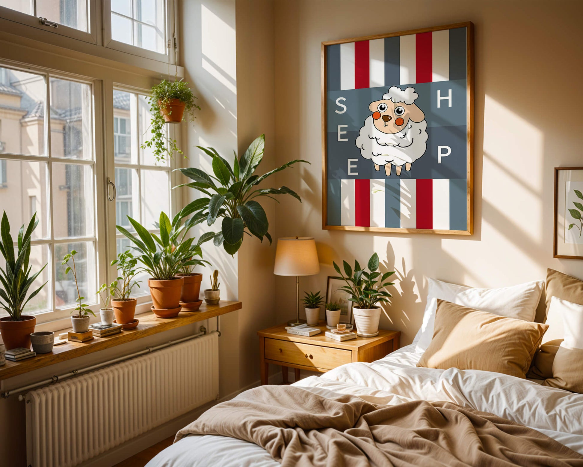 Playful sheep illustration on striped background