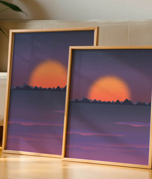 Sunset Over Mountains with Starry Sky