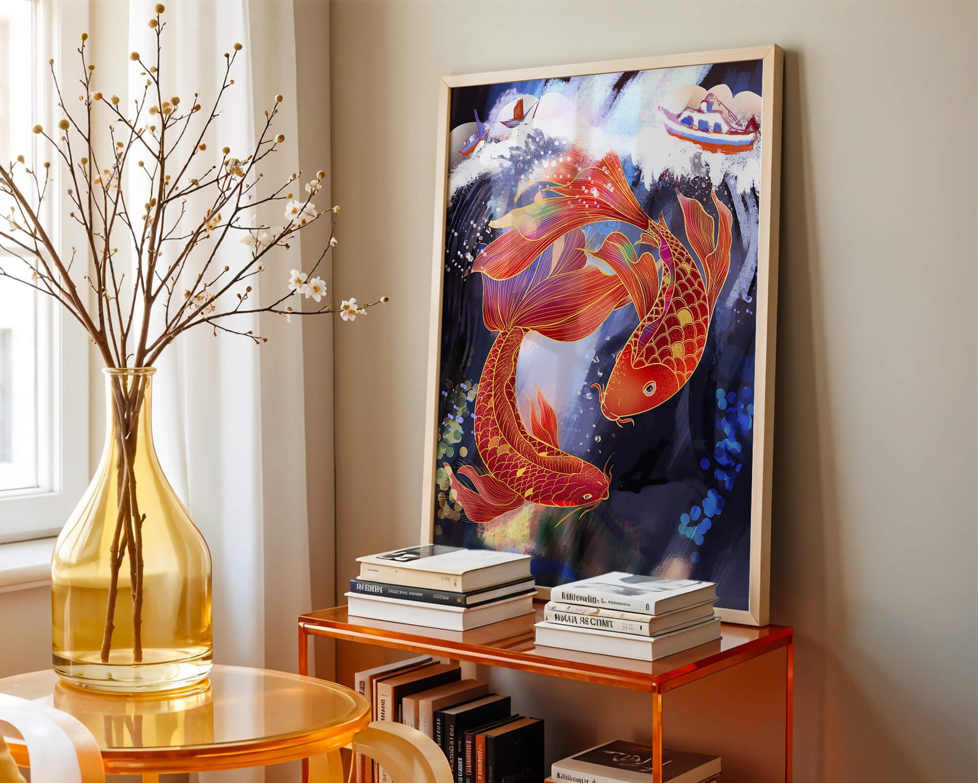 Representación artística de peces koi nadando con barcos en colores vibrantes.