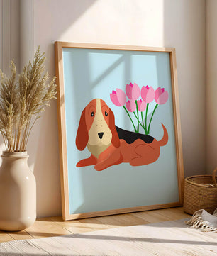 Illustration eines Basset Hound mit rosa Blumen auf hellblauem Hintergrund