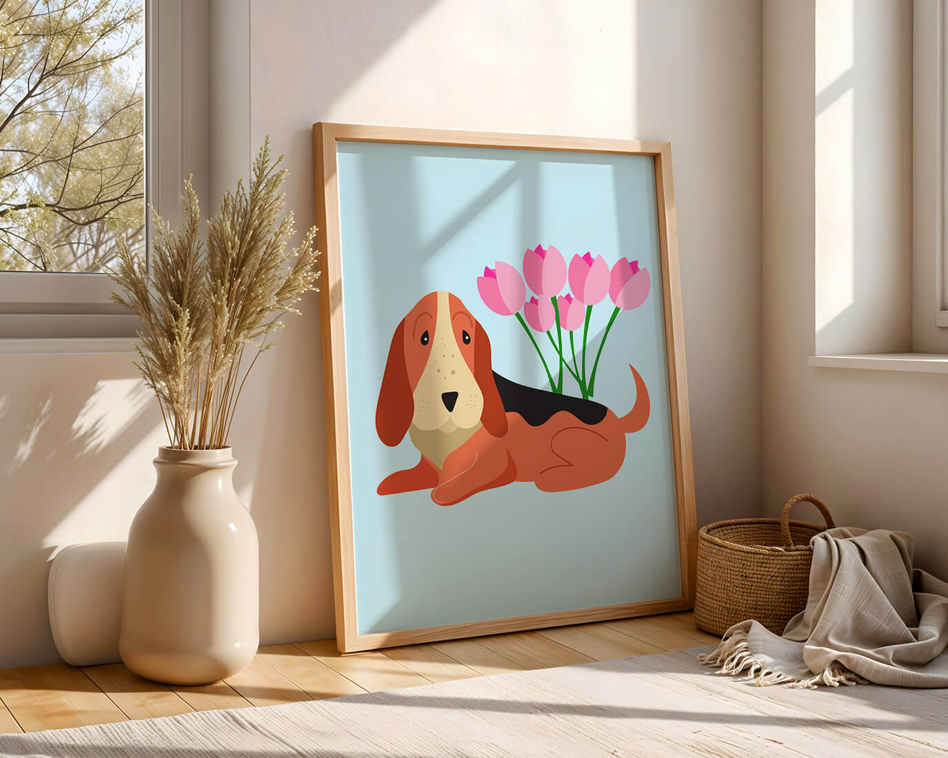 Illustration eines Basset Hound mit rosa Blumen auf hellblauem Hintergrund