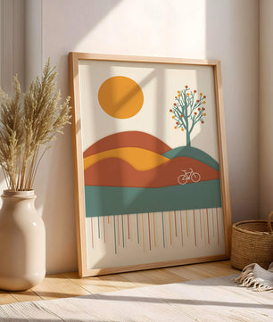 Abstract landscape with bicycle and tree in vibrant colors
