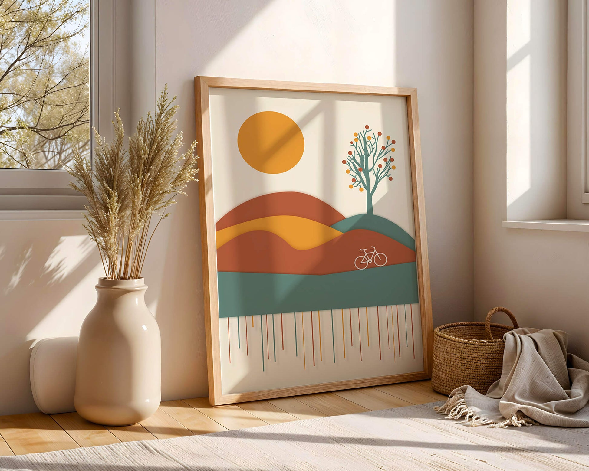 Abstract landscape with bicycle and tree in vibrant colors