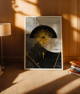 Abstract cosmic design featuring golden sunburst and celestial elements