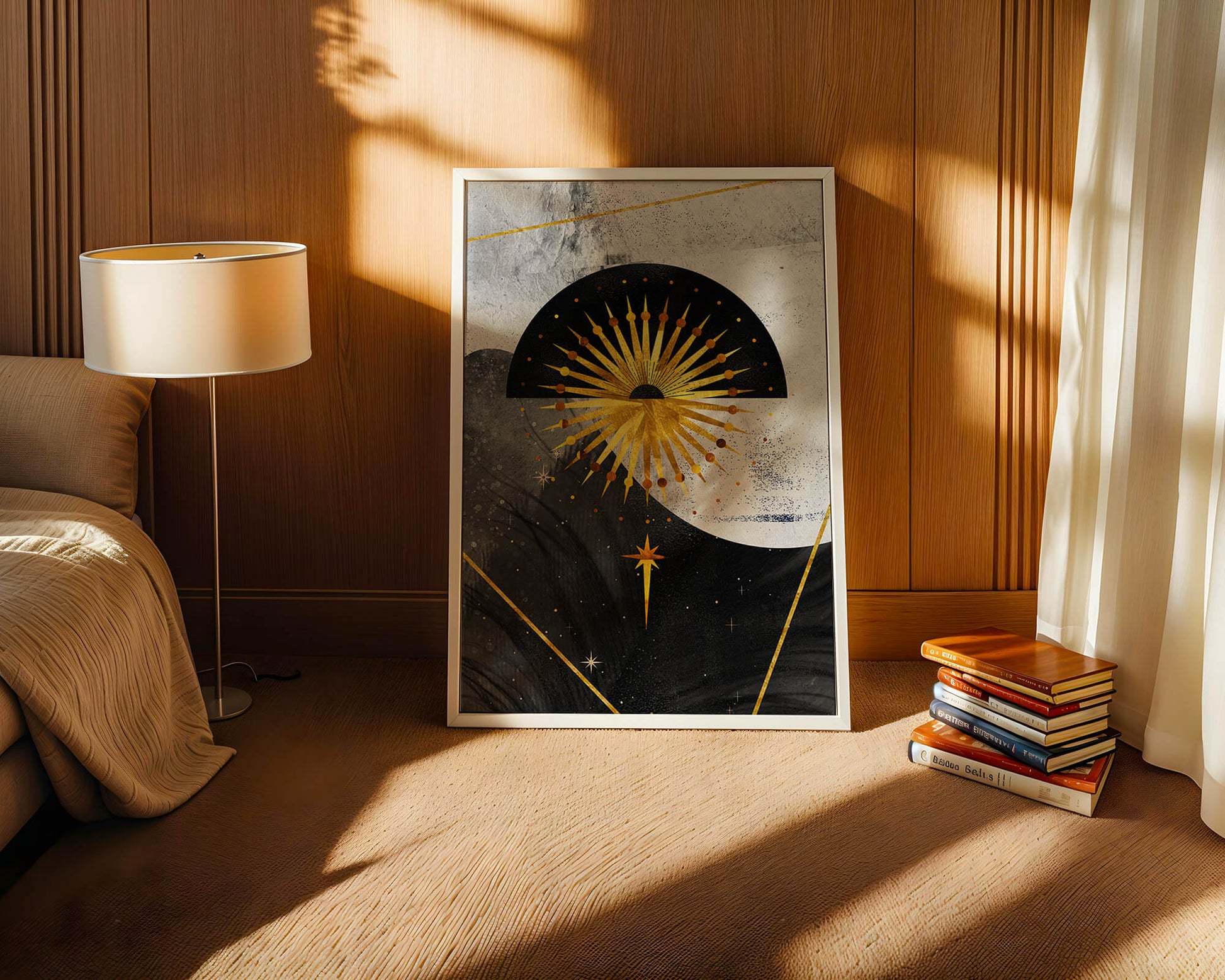 Abstract cosmic design featuring golden sunburst and celestial elements