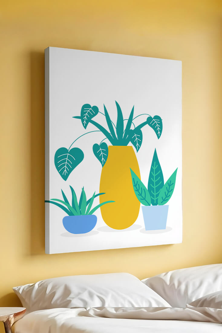 Illustration of colorful potted plants with a yellow vase