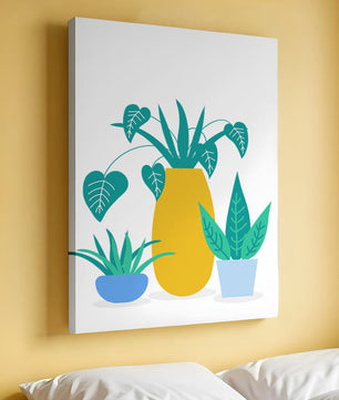 Illustration of colorful potted plants with a yellow vase