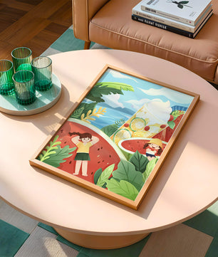 Paysage estival coloré avec des fruits tropicaux et des enfants qui se détendent