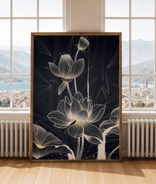 Elegant Lotus Flower Illustration with Geometric Background