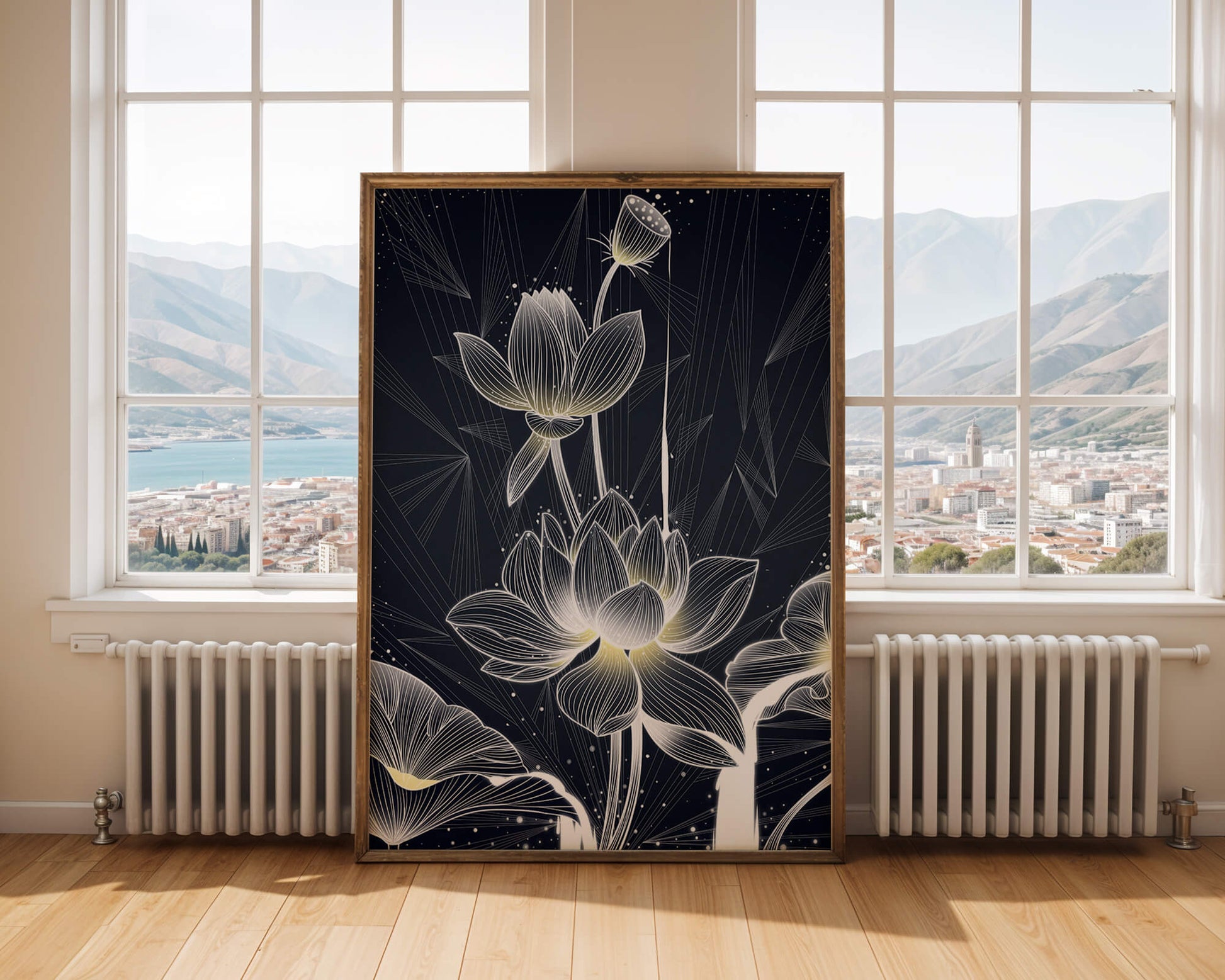 Elegant Lotus Flower Illustration with Geometric Background