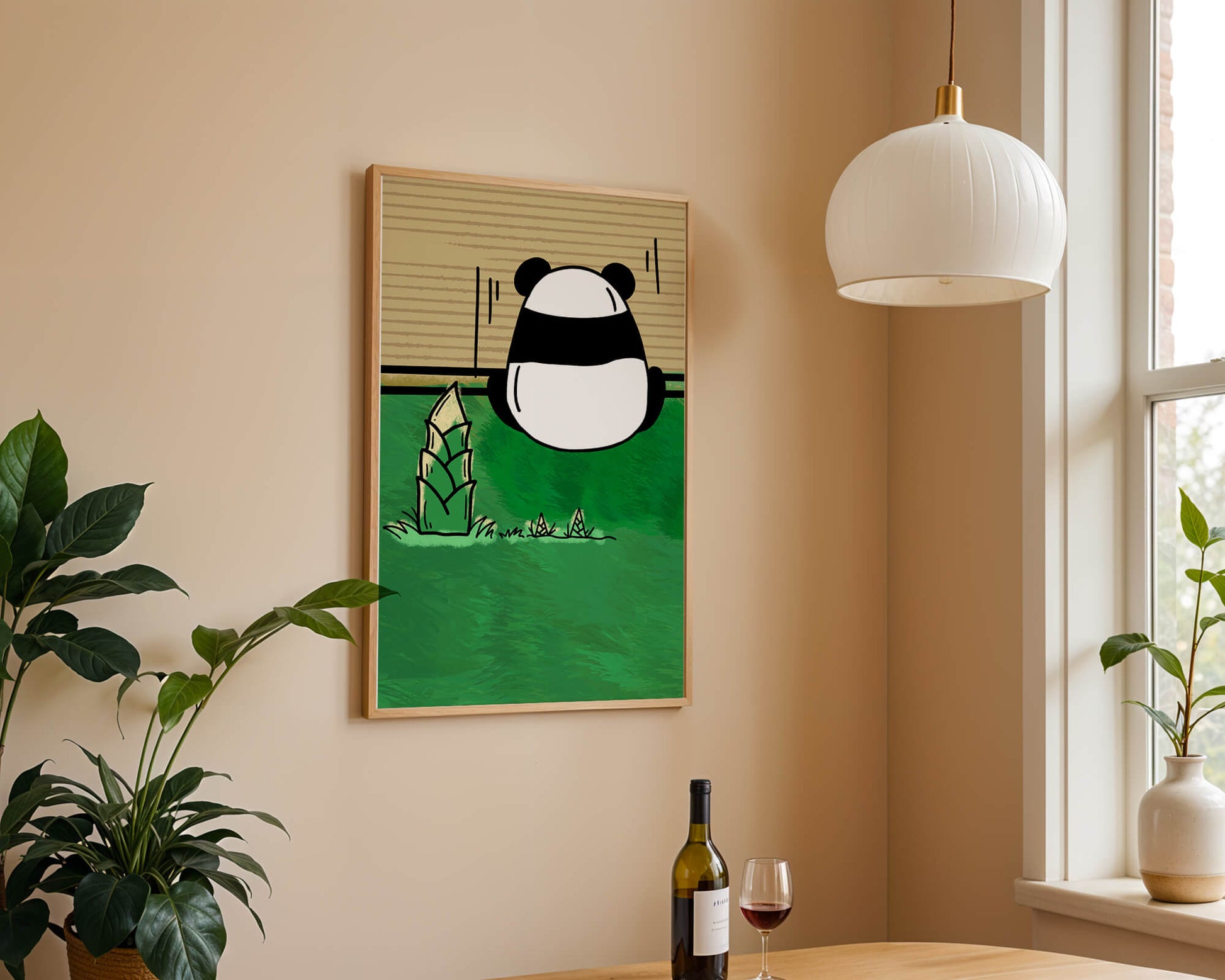 Whimsical panda in a green bamboo forest background