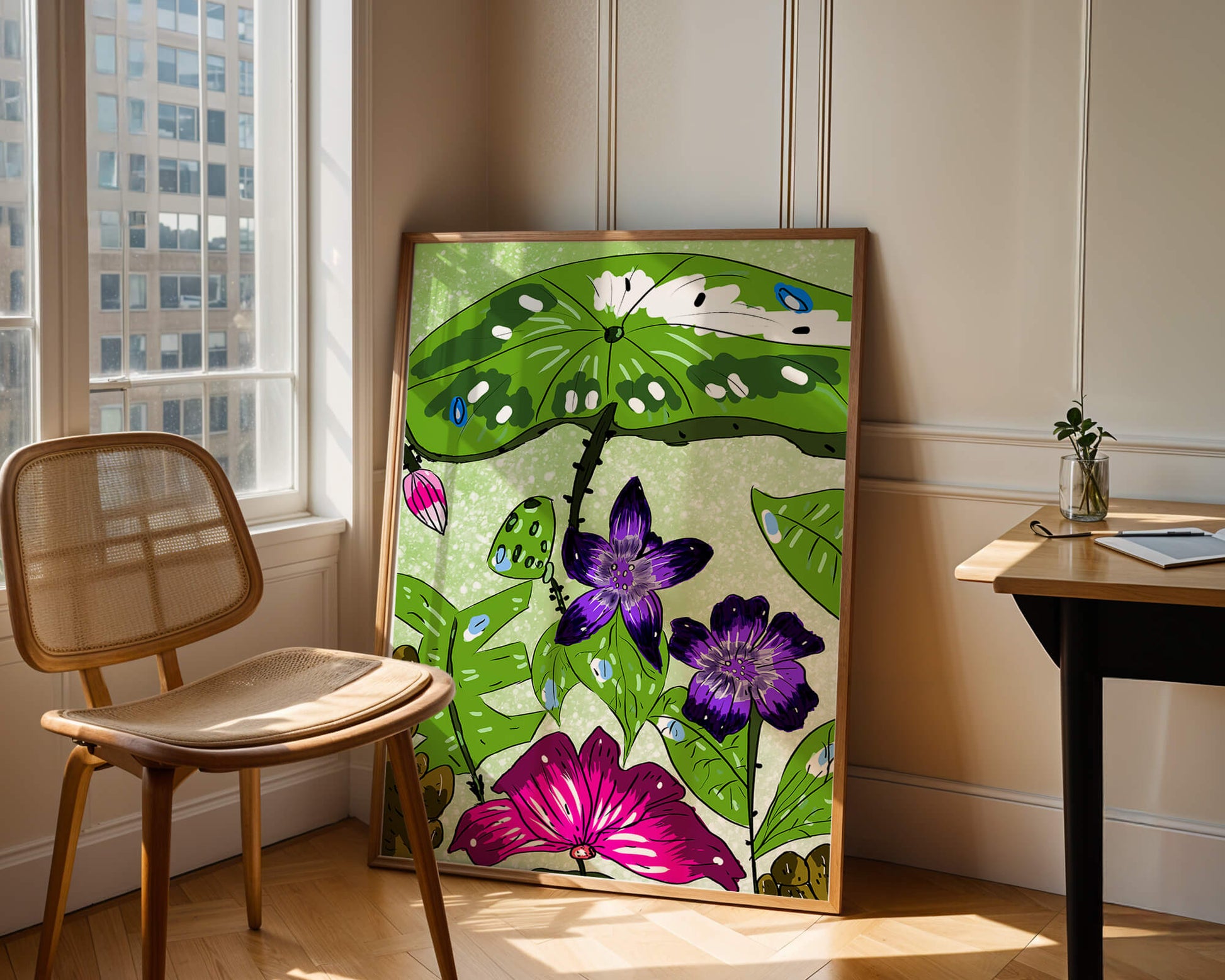 Bunte Blumenillustration mit exotischen Blumen und Blättern