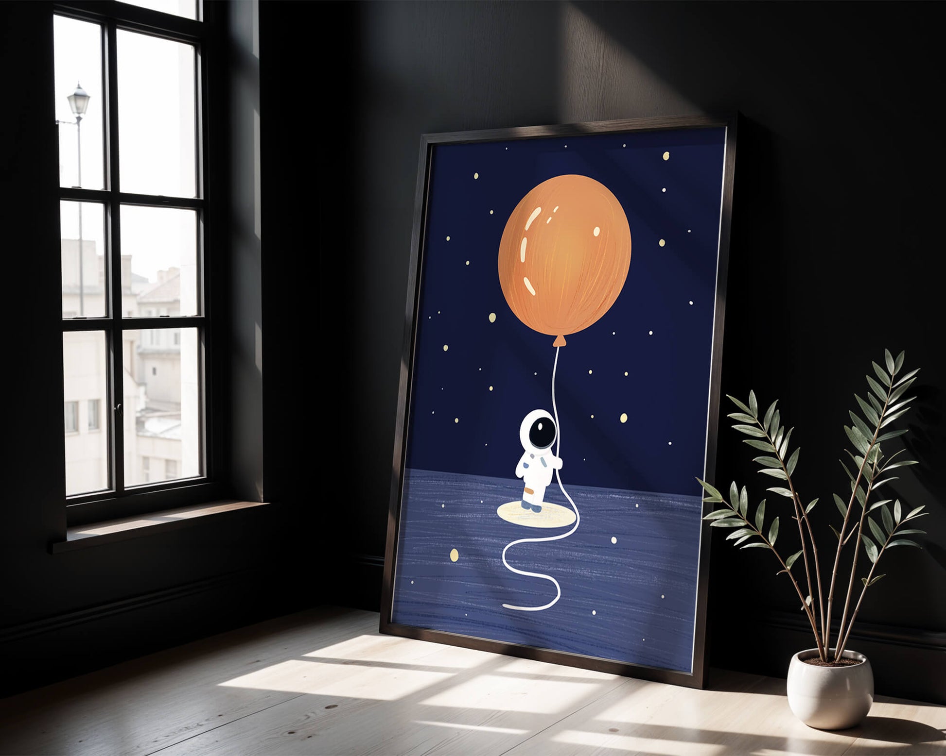 Charming Astronaut Holding Large Orange Balloon Under Starry Sky