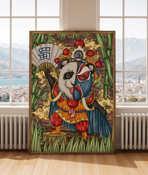 Colorful panda dressed in traditional Chinese opera costume surrounded by bamboo
