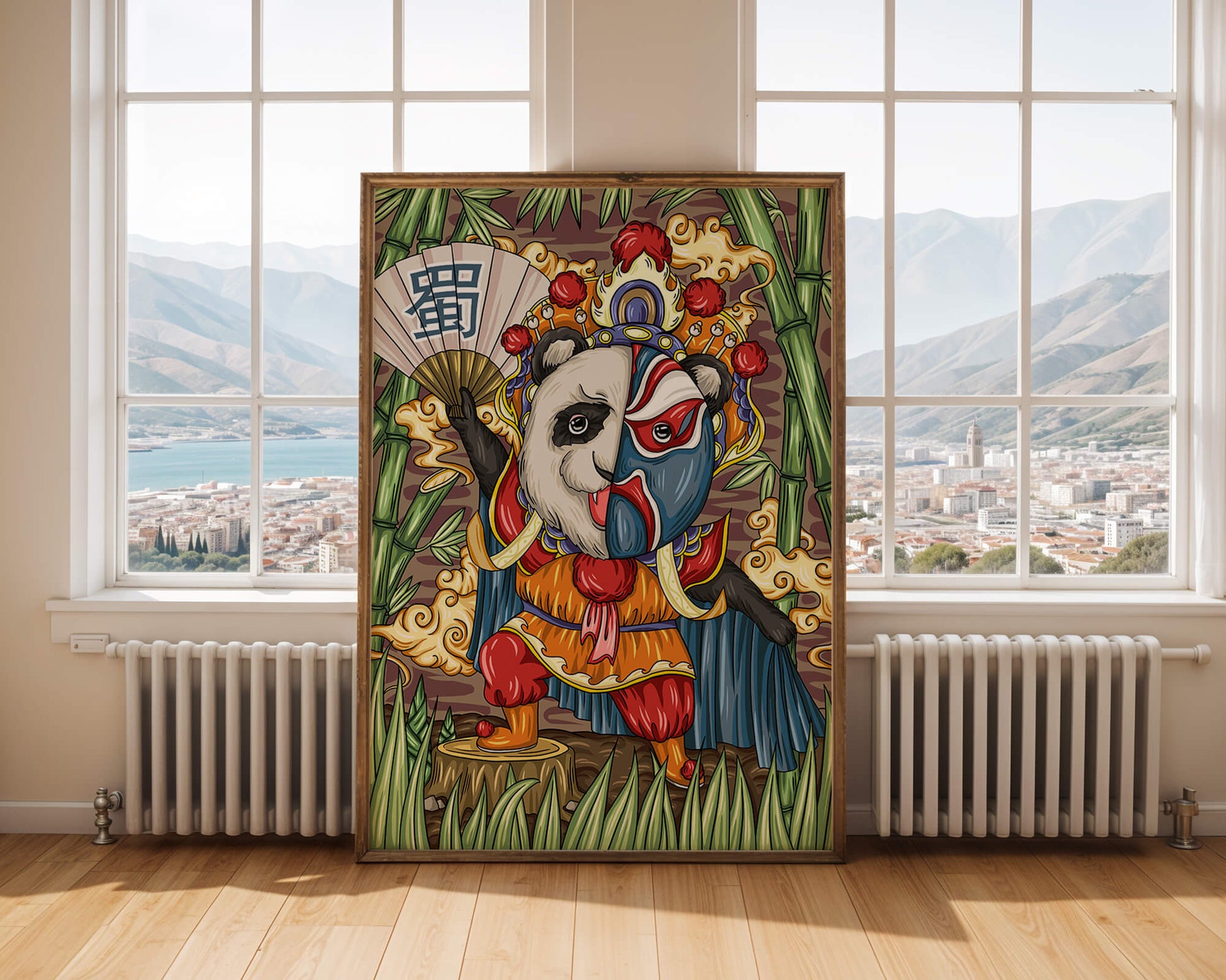 Colorful panda dressed in traditional Chinese opera costume surrounded by bamboo