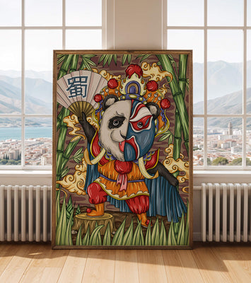 Colorful panda dressed in traditional Chinese opera costume surrounded by bamboo