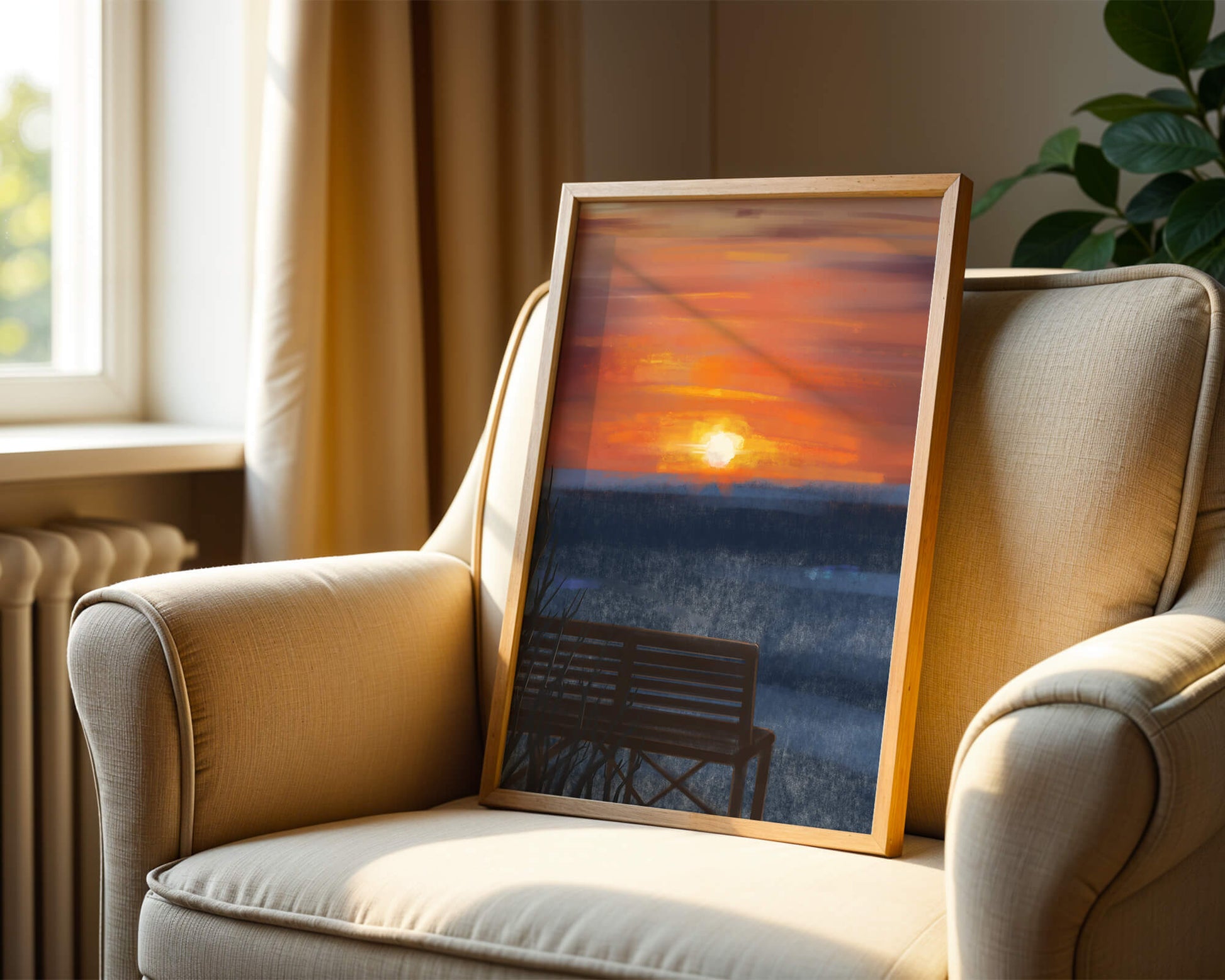 Tranquil Sunset over Ocean with a Lonely Bench