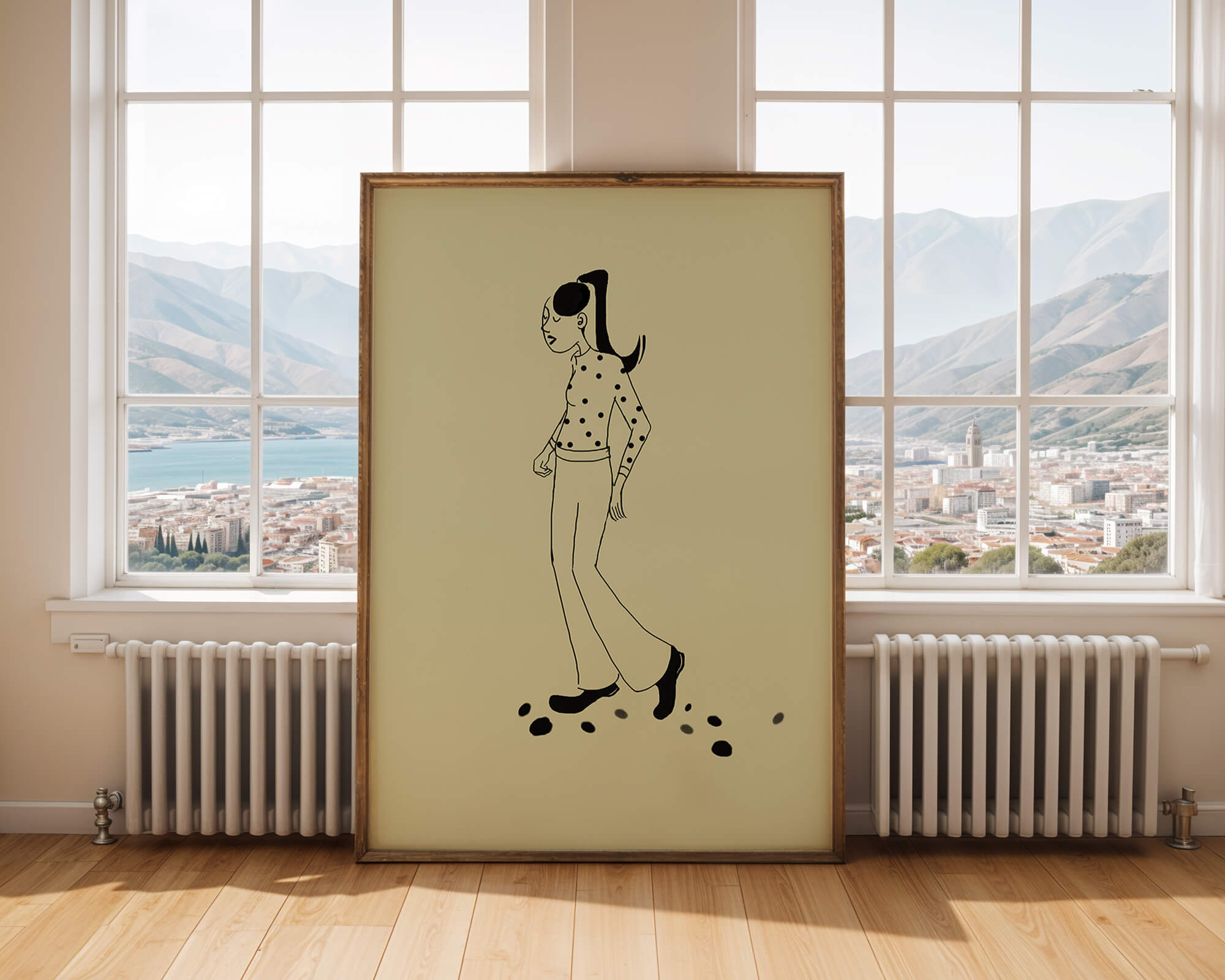 Illustration of a person walking in a polka dot shirt with ponytail