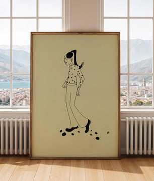Illustration d'une personne marchant en chemise à pois avec une queue de cheval