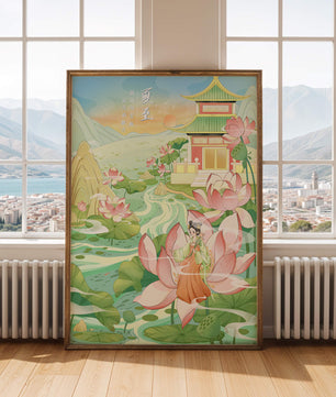 Paisaje asiático sereno con loto y pabellón tradicional