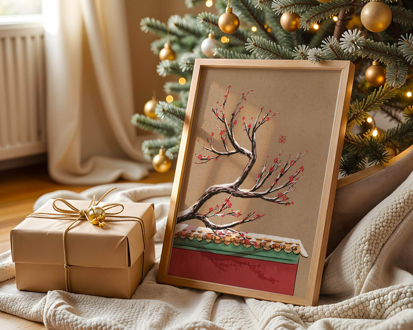 Illustration of blooming plum branch over traditional rooftop