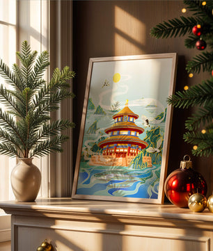 Alter chinesischer Pavillon am Wasser mit Kranichen und Bergen