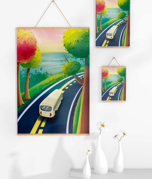 Scenic Road Trip with Vibrant Trees and Sunset