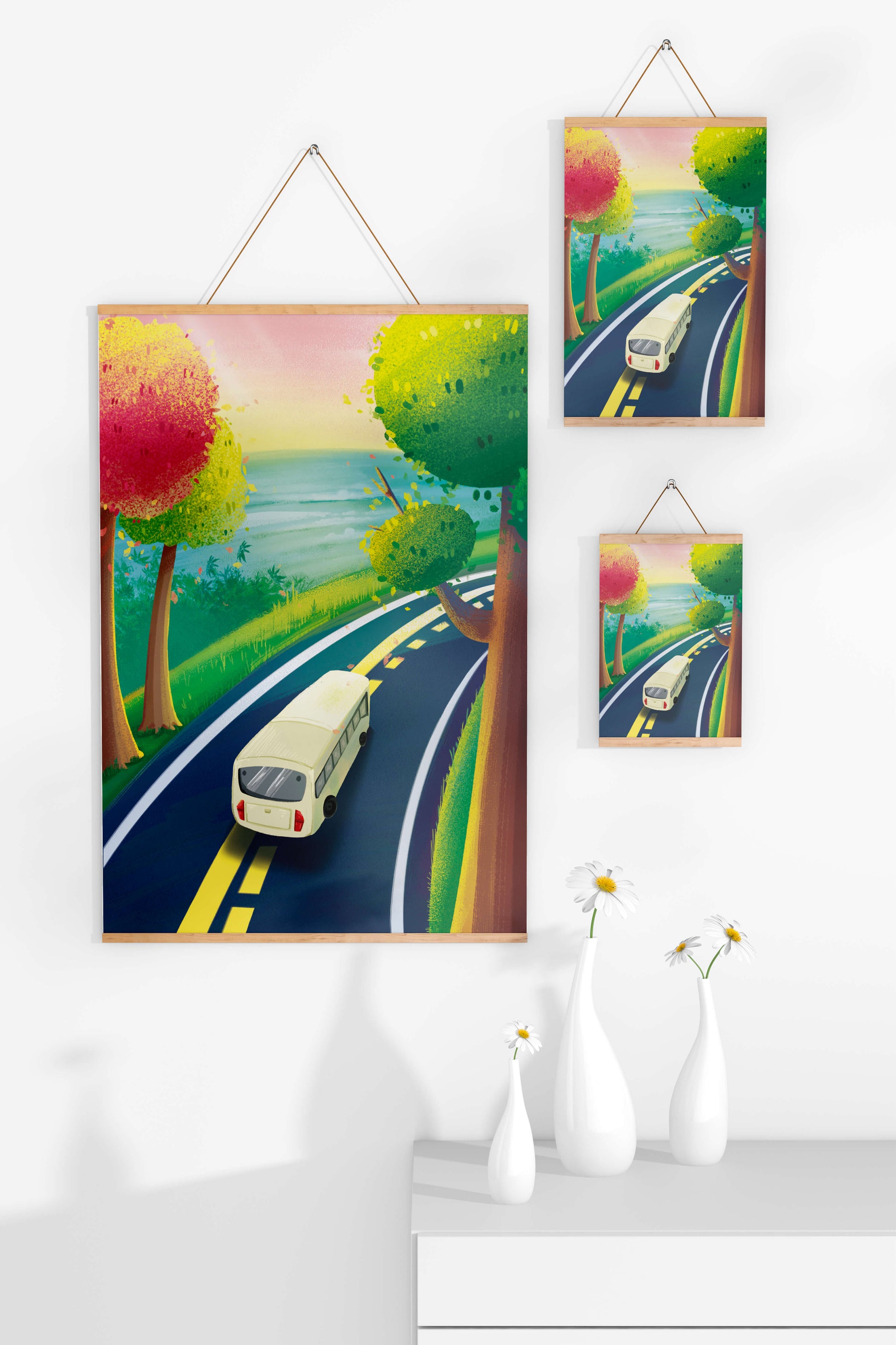 Scenic Road Trip with Vibrant Trees and Sunset