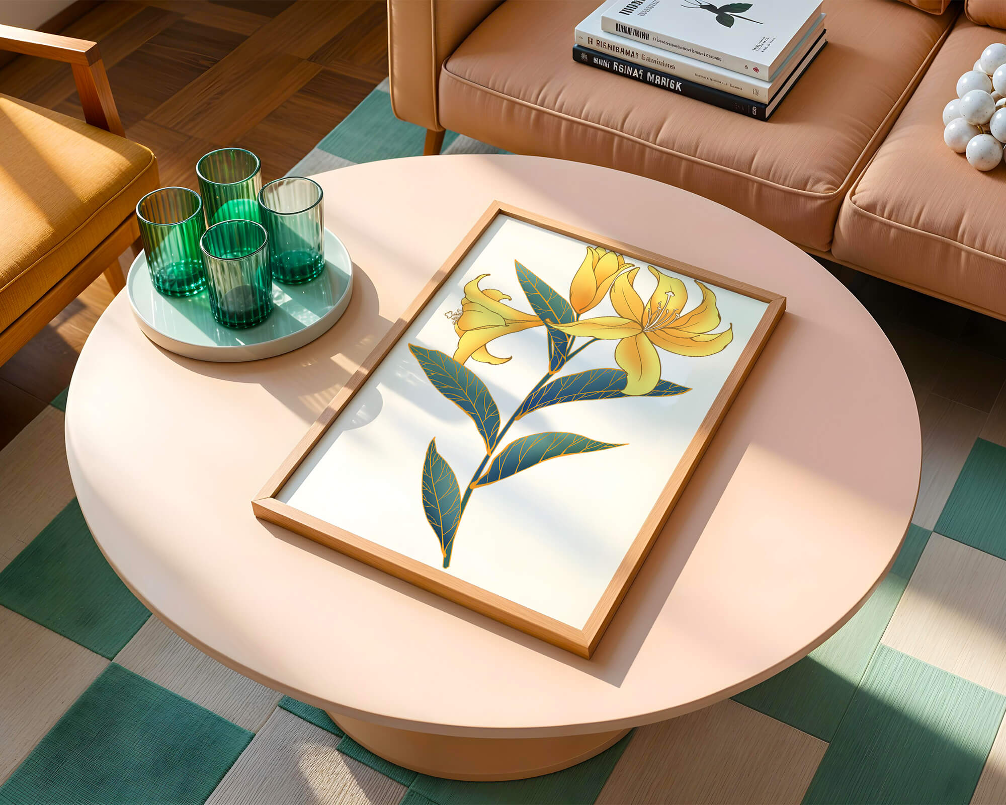 Elegant golden lily illustration with intricate leaf details