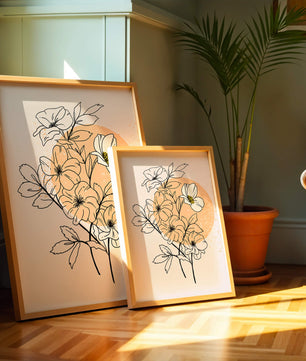 Ilustración floral minimalista con tonos pastel y fondos abstractos