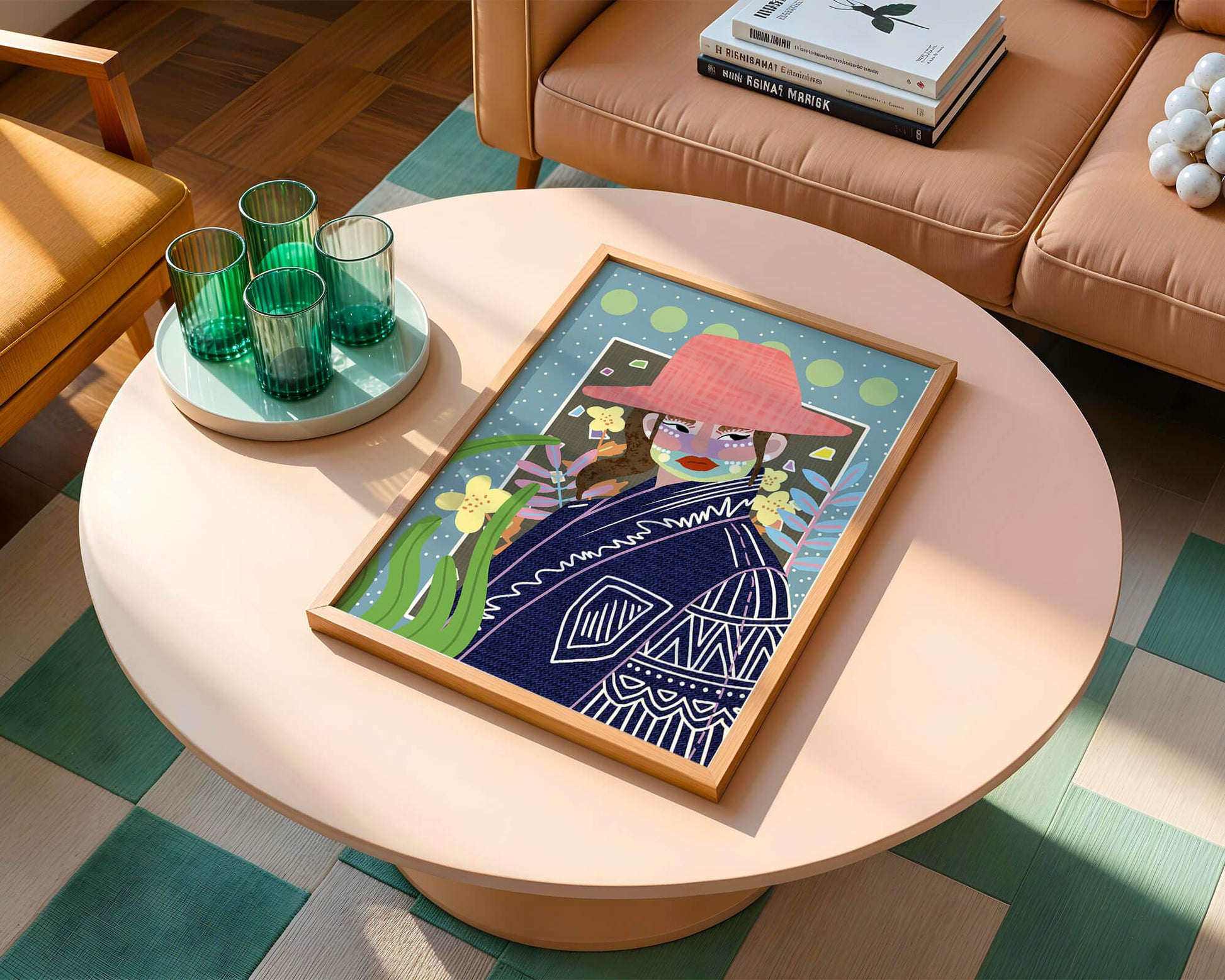 Retrato colorido con patrones y elementos abstractos