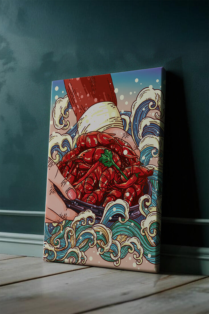 Colorful Cartoon Illustration of Hand Holding Crawfish Over Decorative Waves