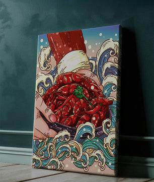 Colorful Cartoon Illustration of Hand Holding Crawfish Over Decorative Waves