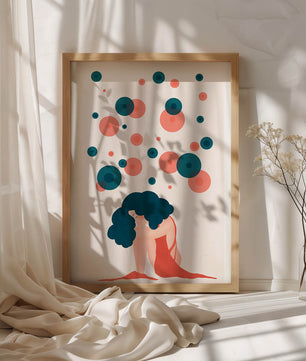 Abstract Illustration of a Woman with Curly Blue Hair Surrounded by Colorful Circles - Mi tienda