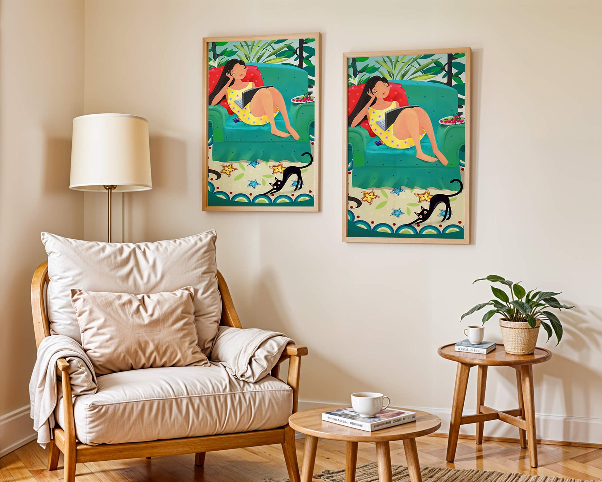 Young Woman Relaxing on Couch with Cat and Fruits in Vibrant Living Room