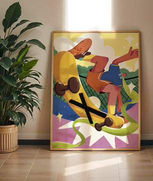 Ilustración abstracta colorida con un skater en movimiento dinámico