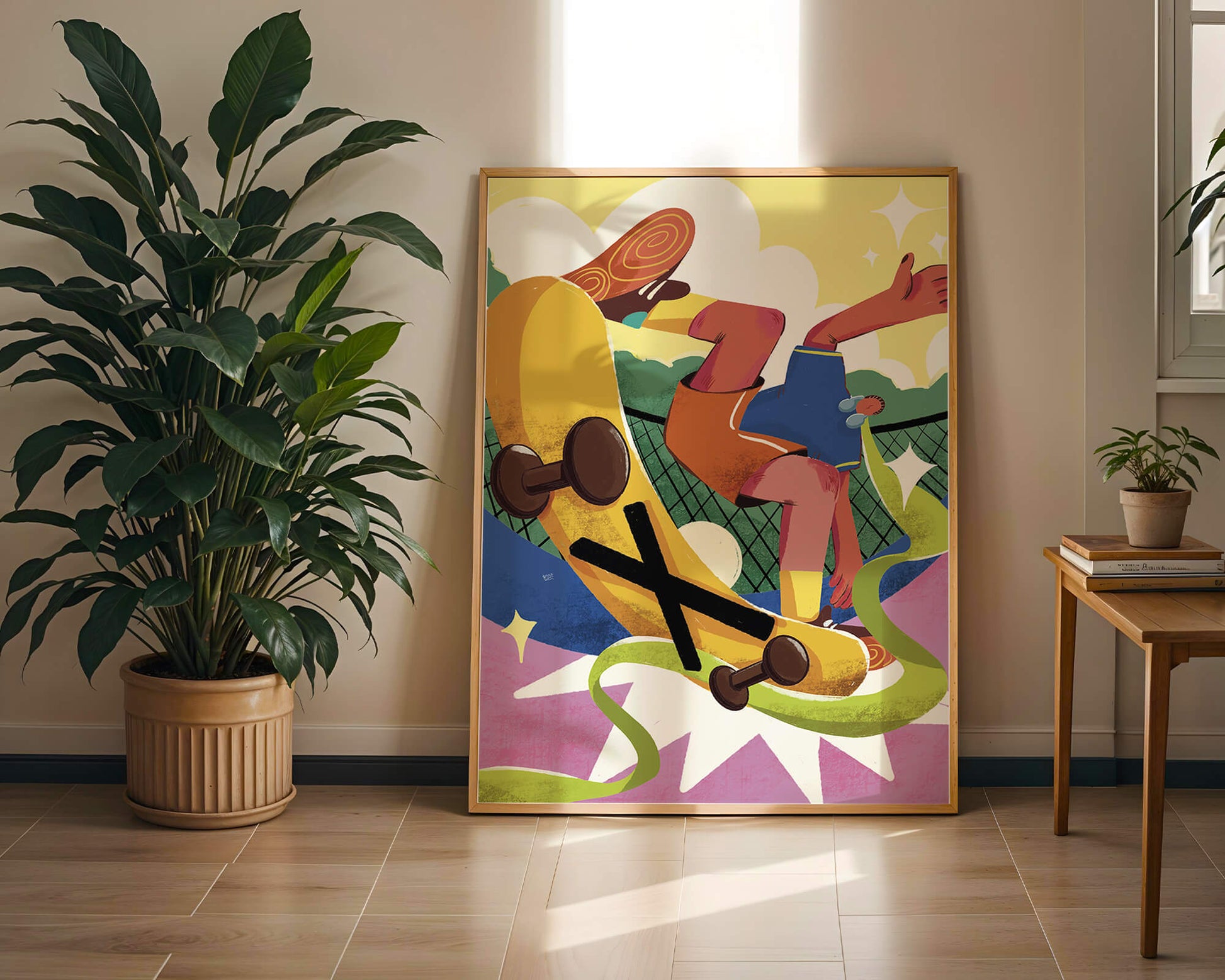 Ilustración abstracta colorida con un skater en movimiento dinámico