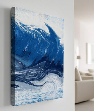Pintura abstracta de ola oceánica azul y blanca con patrones giratorios