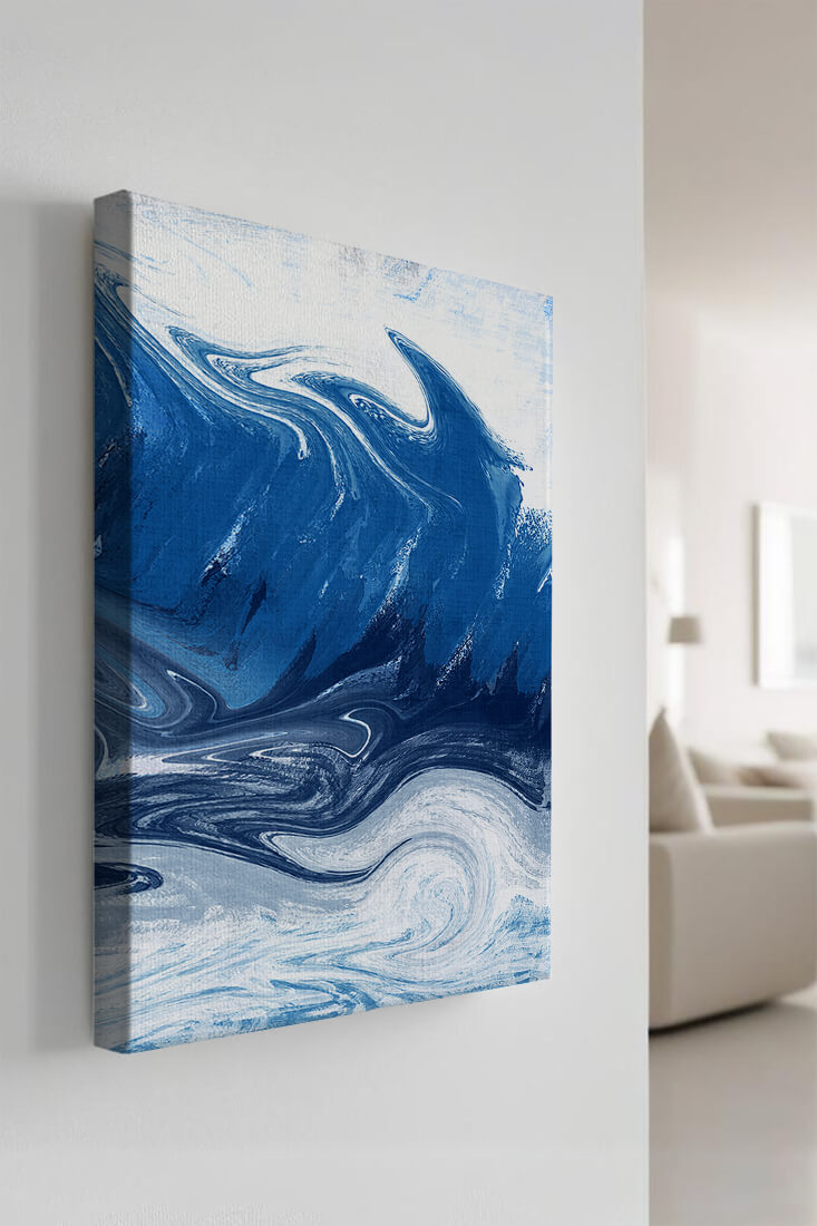 Abstract blue and white ocean wave painting with swirling patterns