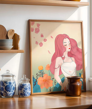 Illustration of a serene woman in a floral dress with flowing red hair