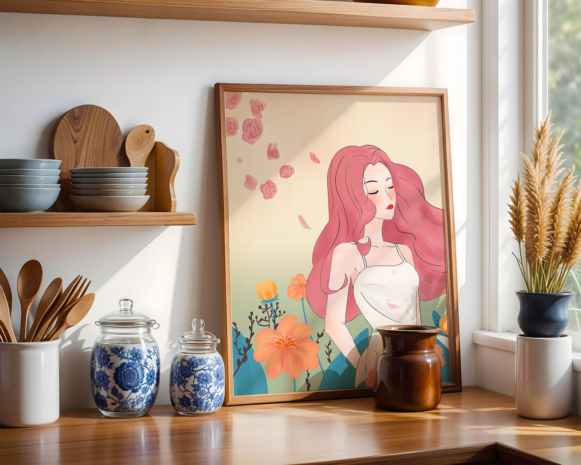 Illustration of a serene woman in a floral dress with flowing red hair