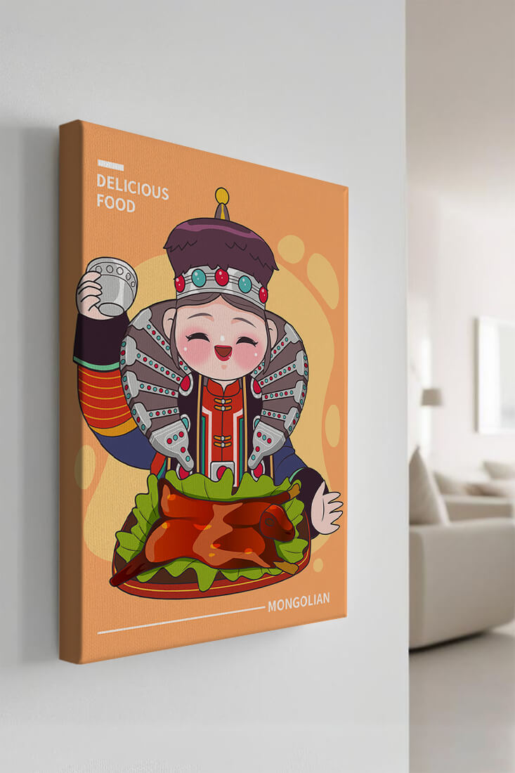 Cartoon character in traditional Mongolian attire with food