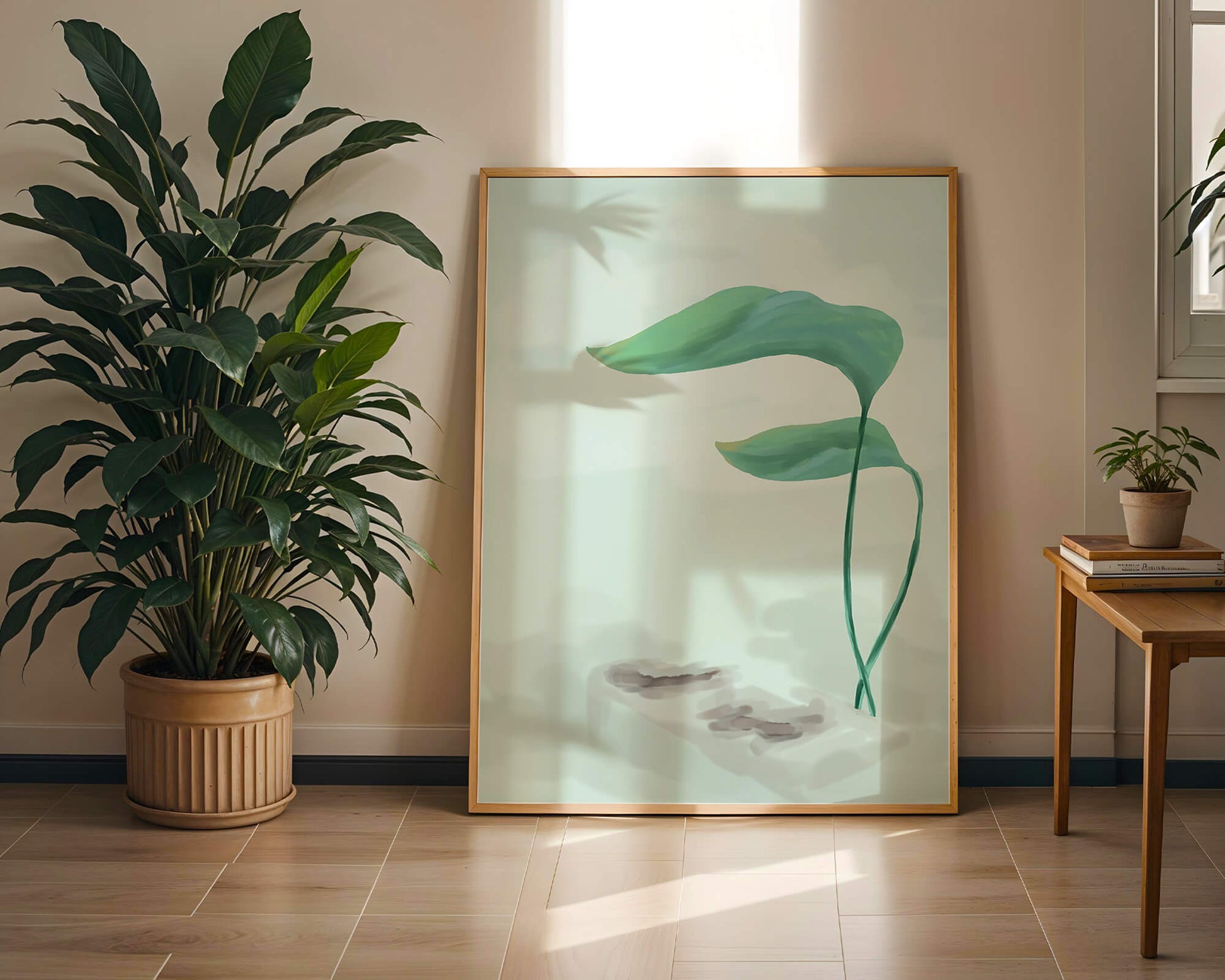 Minimalistic Art of Green Leaves on Abstract Background