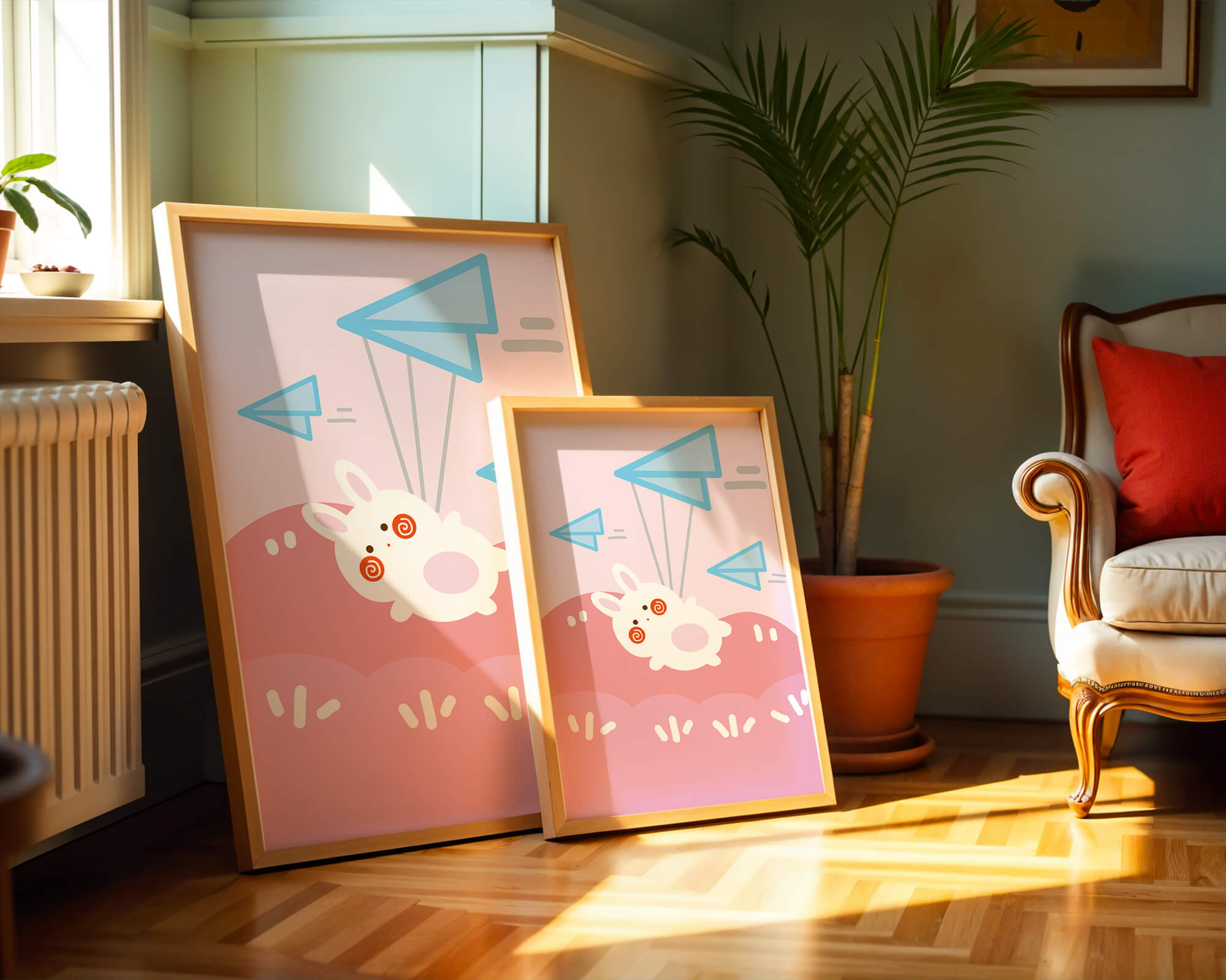 Adorable cartoon bunny flying with paper planes on a pink background