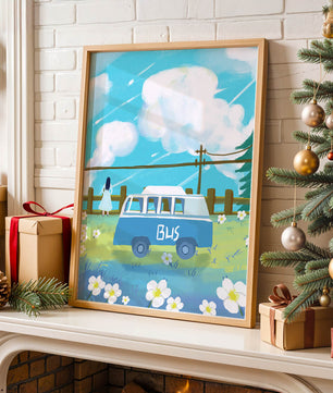 Ilustración escénica con autobús azul y prado en flor