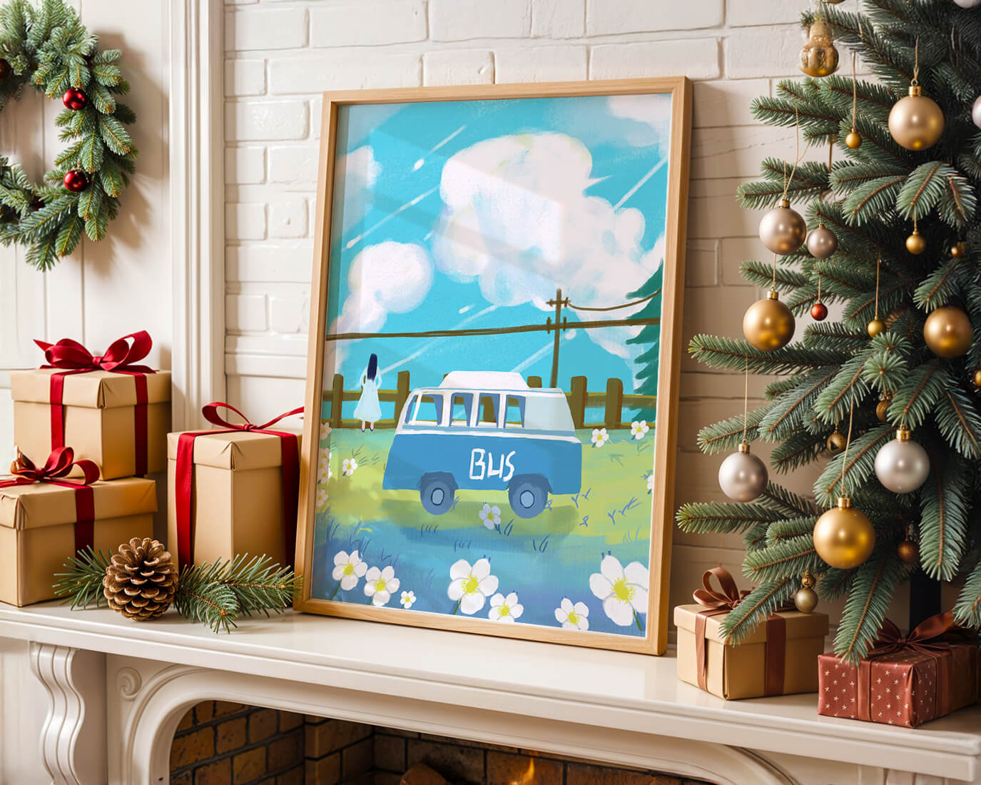 Ilustración escénica con autobús azul y prado en flor